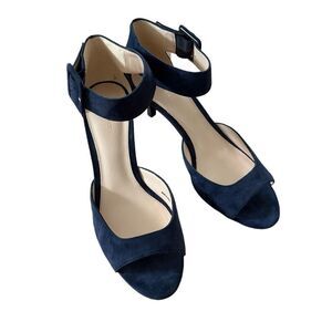 Pelle Moda Heels Womens Size 9.5 Navy Blue Suede Open Toe Ankle Strap Chic